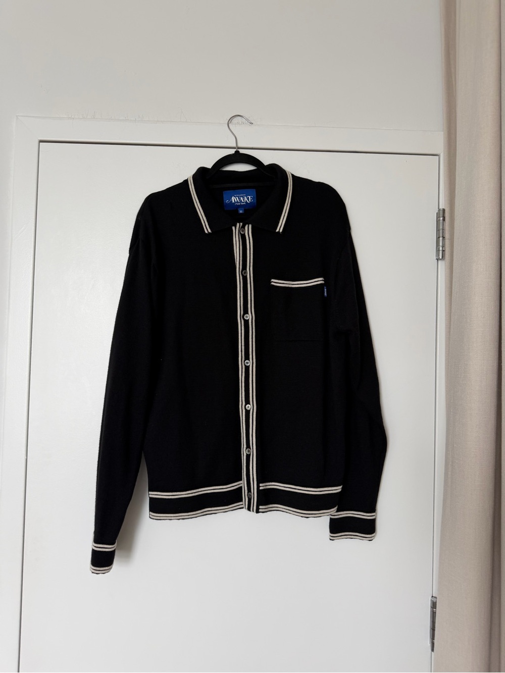 Awake NY Black Knit Polo with Cream Stripe Trim